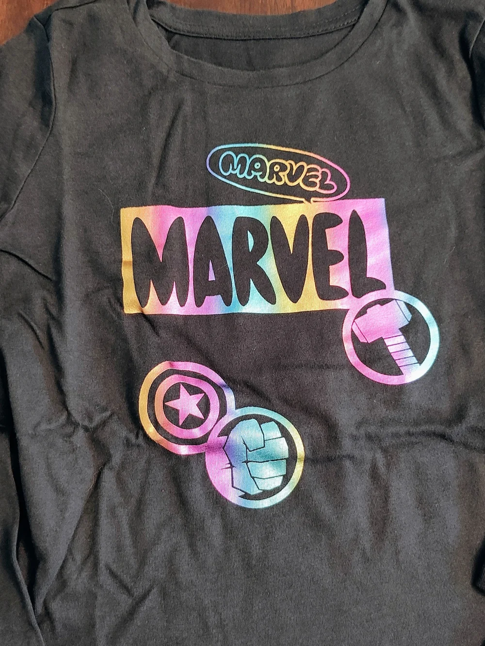 Marvel Girls Black Top with Rainbow Logo and Gray Leggings